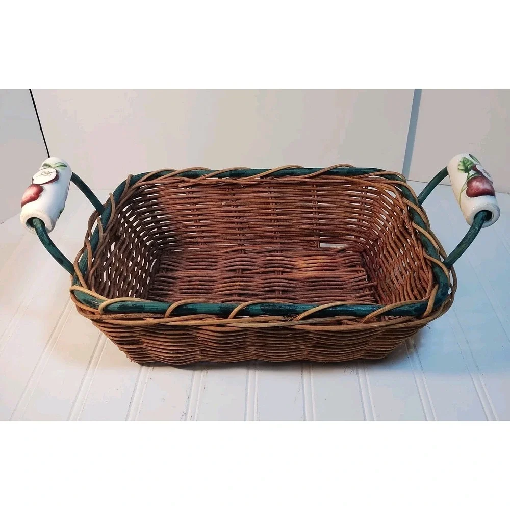 Vintage Woven Wicker Basket Ceramic Apple Handles Green Trim Rectangular Cottage